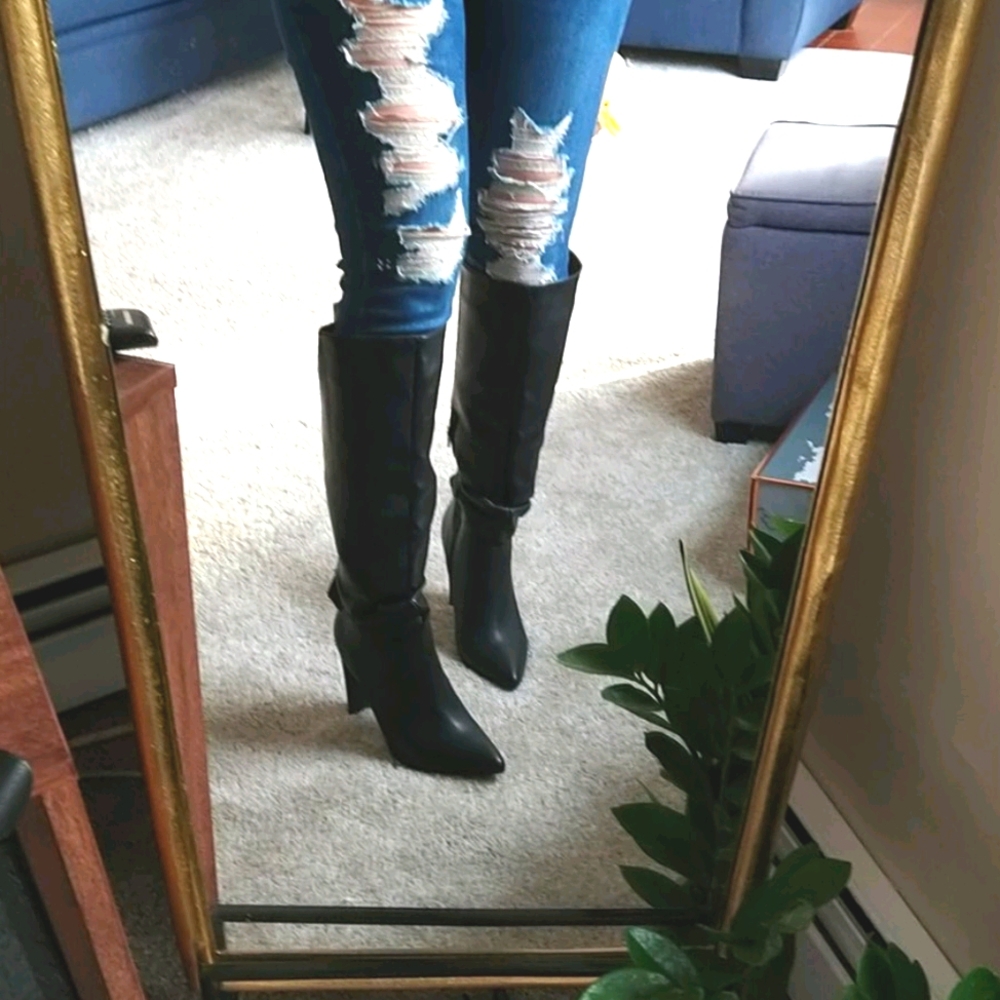 Black faux leather slouchy high heel boots